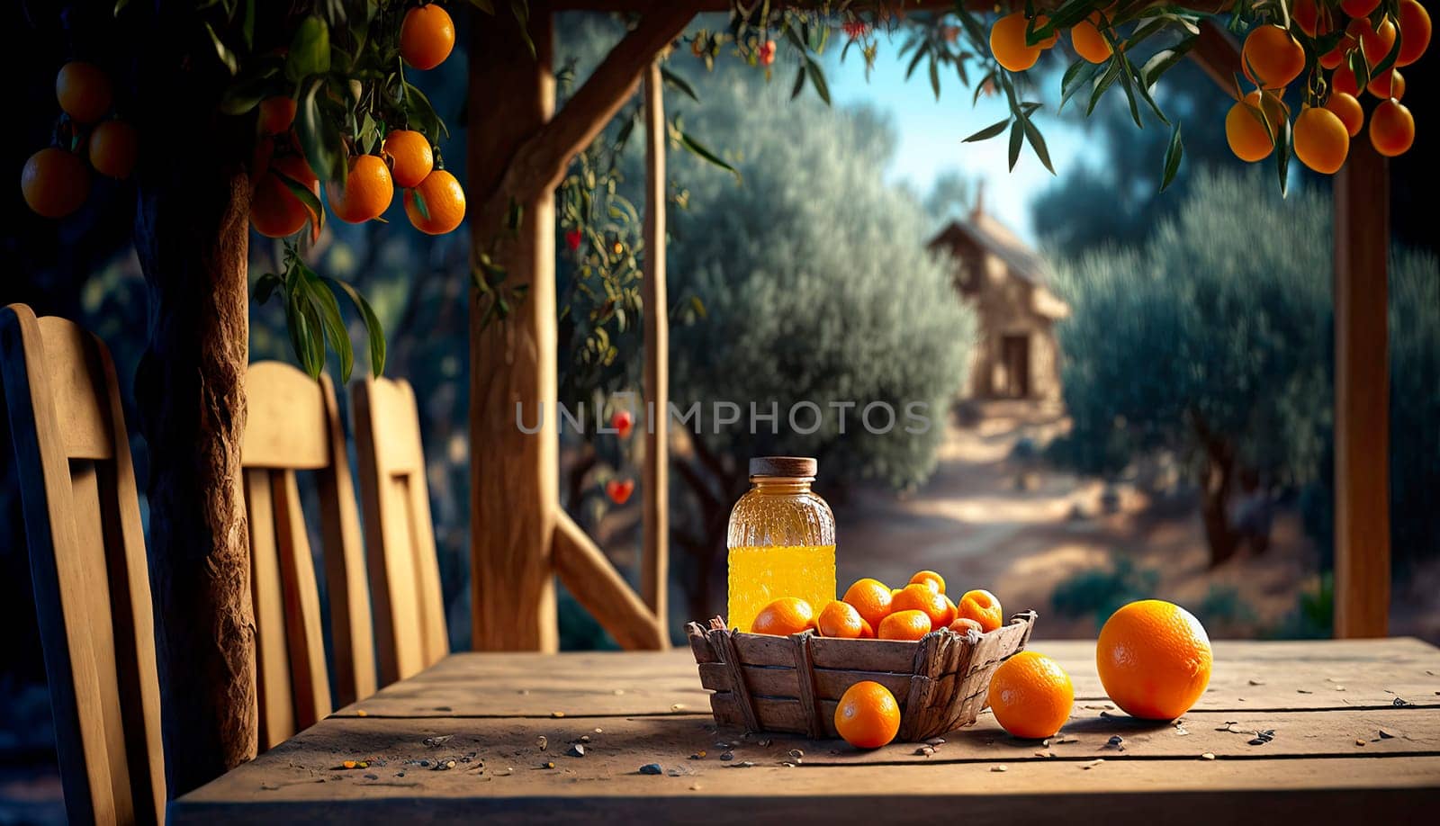 Wooden table orange garden and blurred background. by yanadjana
