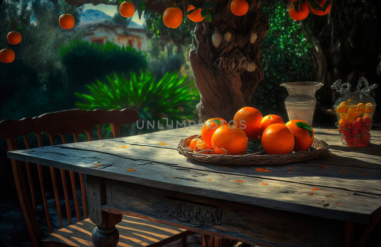 Wooden table orange garden and blurred background. Generative AI,