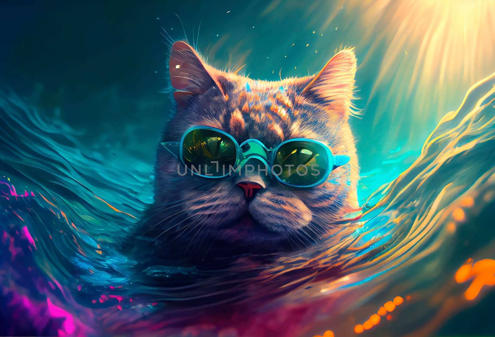The cat in glasses dives into the water at the sea. by yanadjana