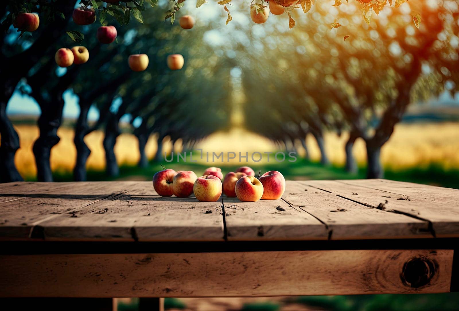 Wooden table apple orchard and blurred background. Generative AI,