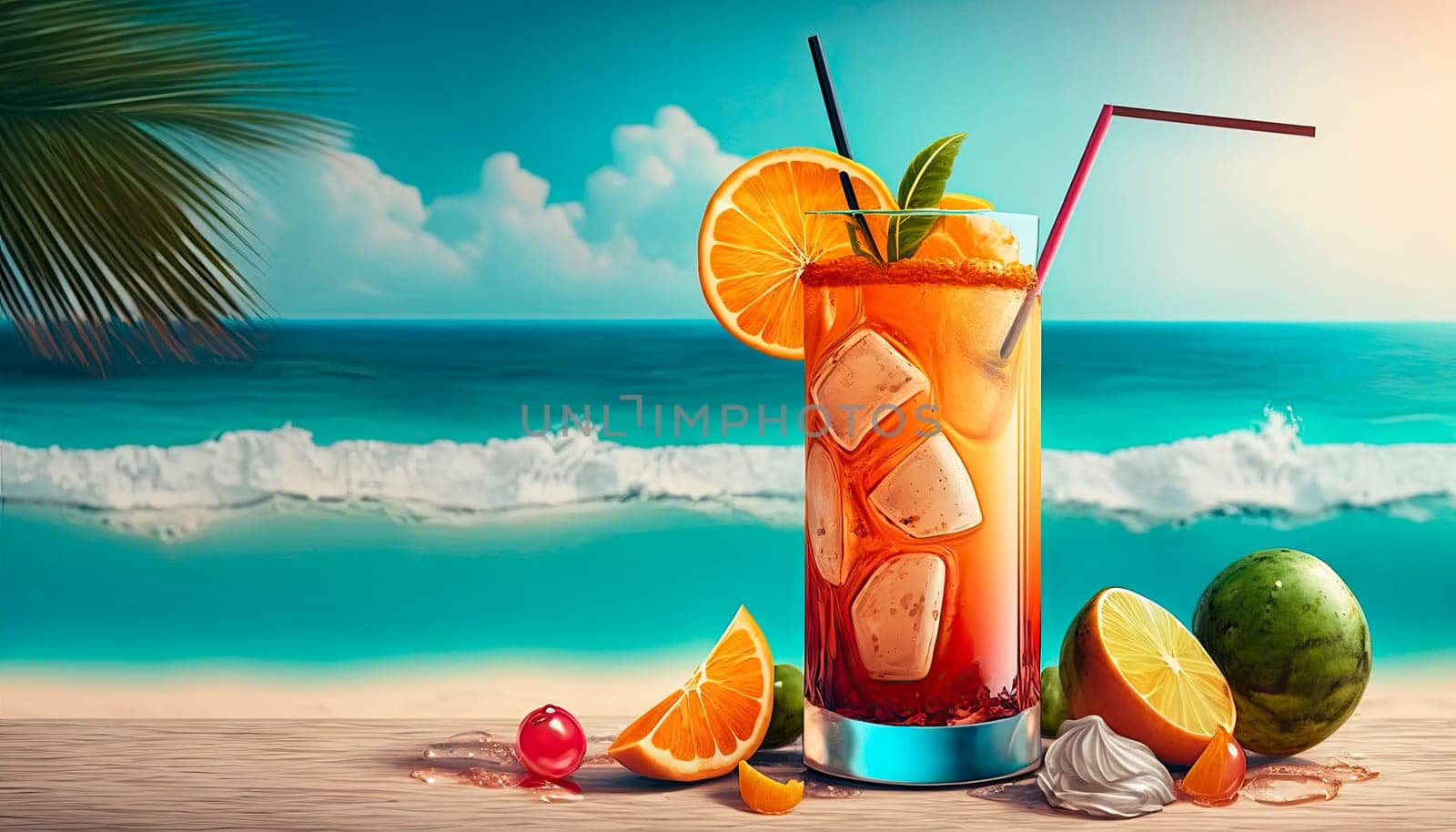 cocktail on the beach overlooking the sea. Generative AI,
