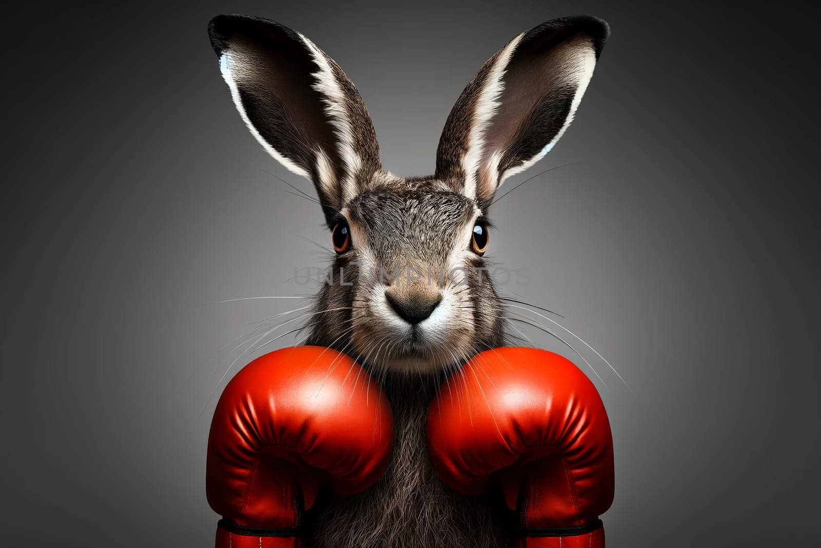 portrait of a hare in boxing gloves on a gray background by Annado