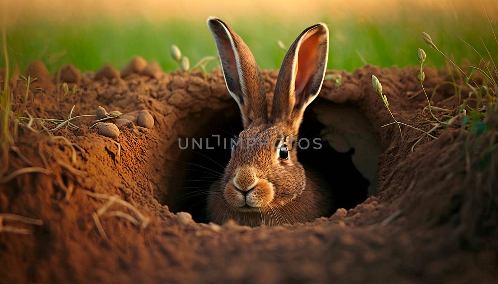 a field hare crawls out of a hole. Generative AI,