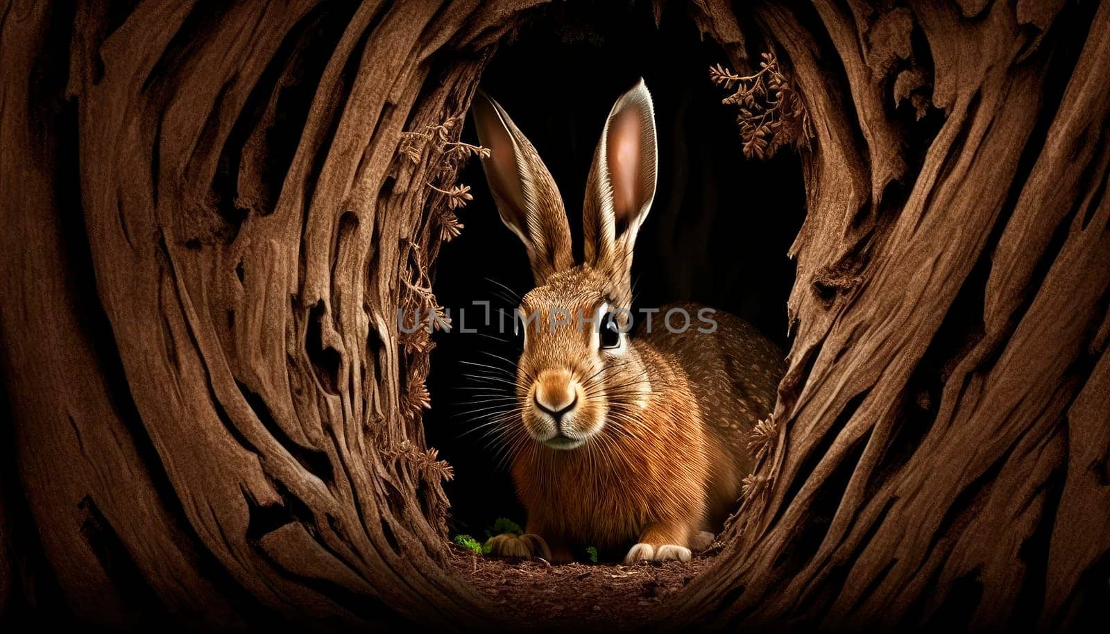 a field hare crawls out of a hole. by yanadjana
