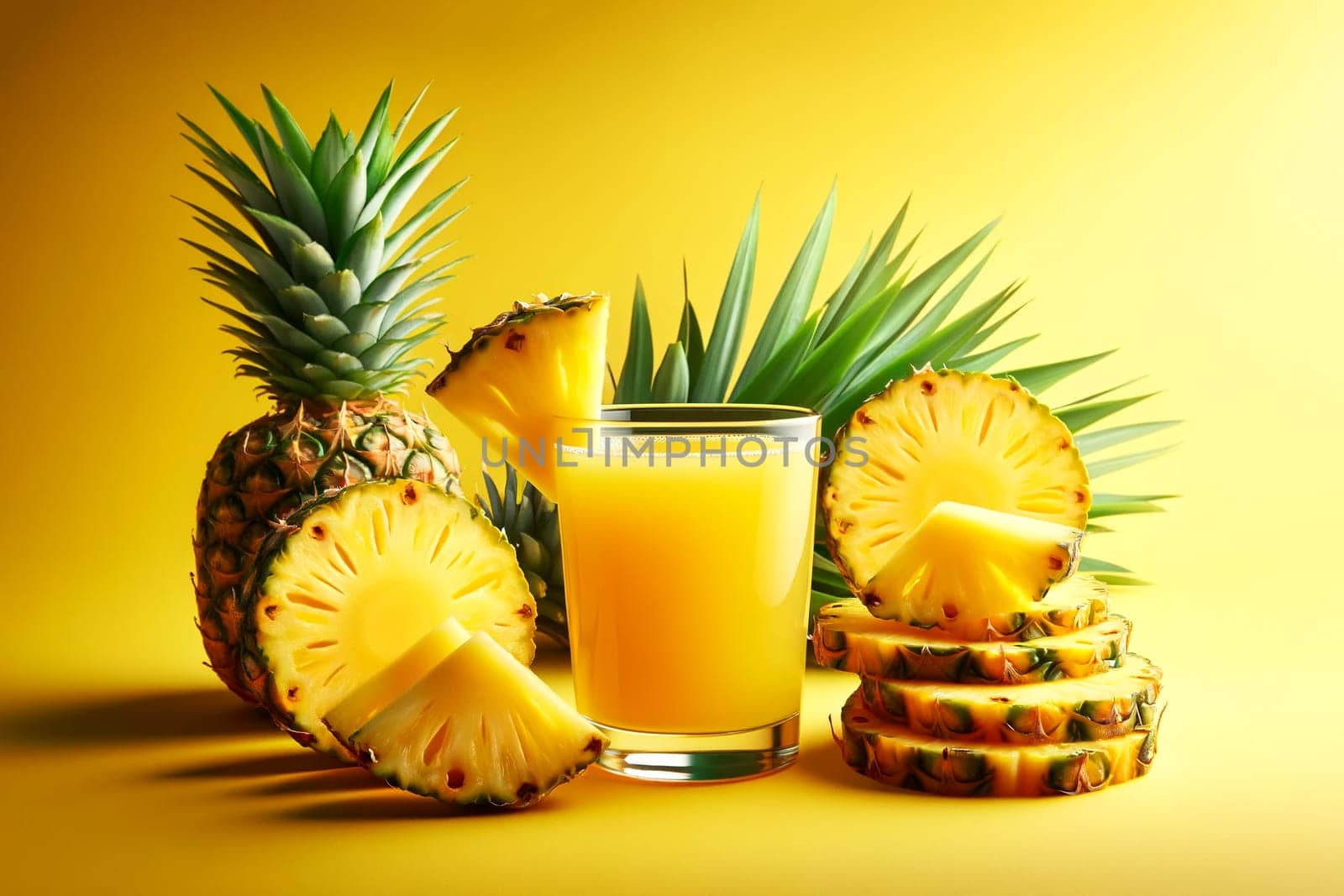 fresh pineapple in a glass and fresh pineapples on a yellow background.