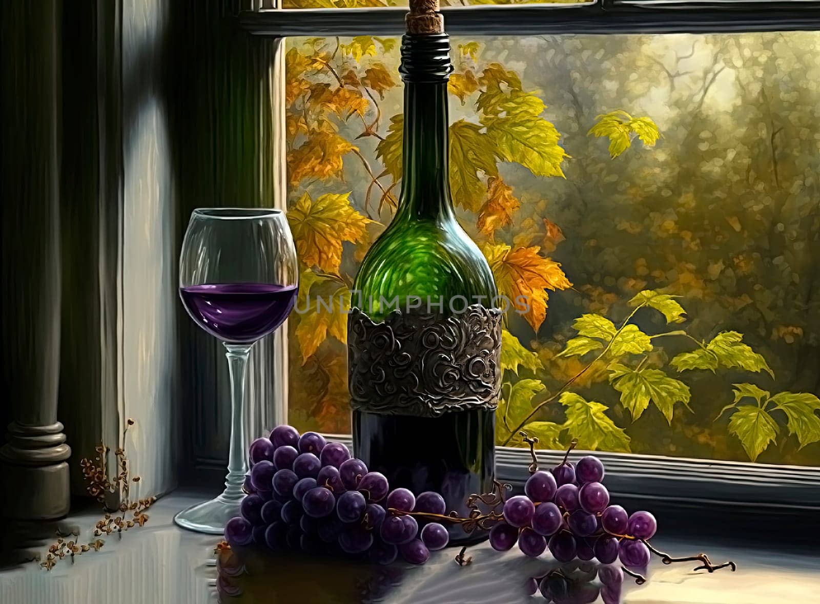 beautiful branches of wine grapes with a glass. by yanadjana