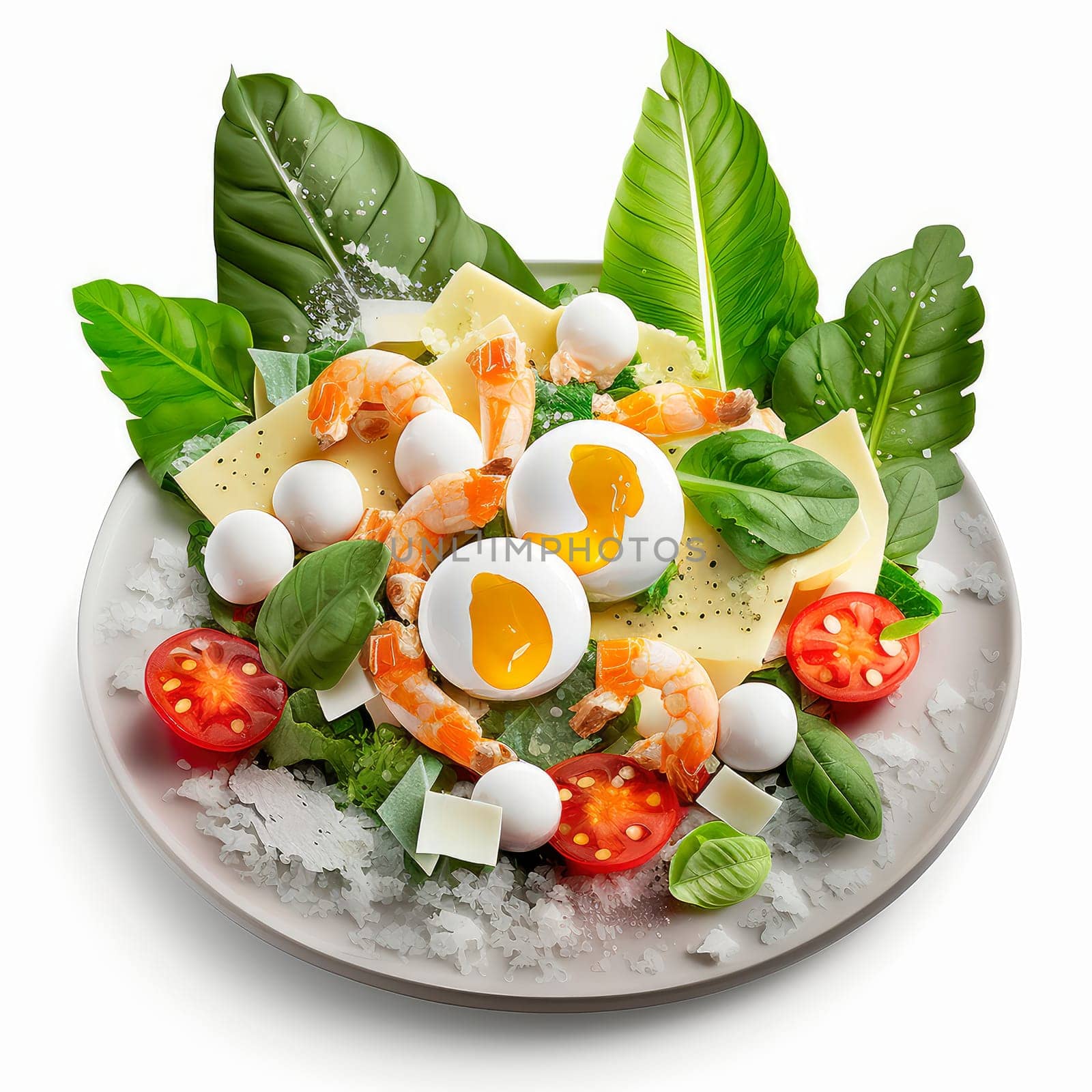 Caesar salad with shrimp on a plate isolate on a white background. Generative AI,