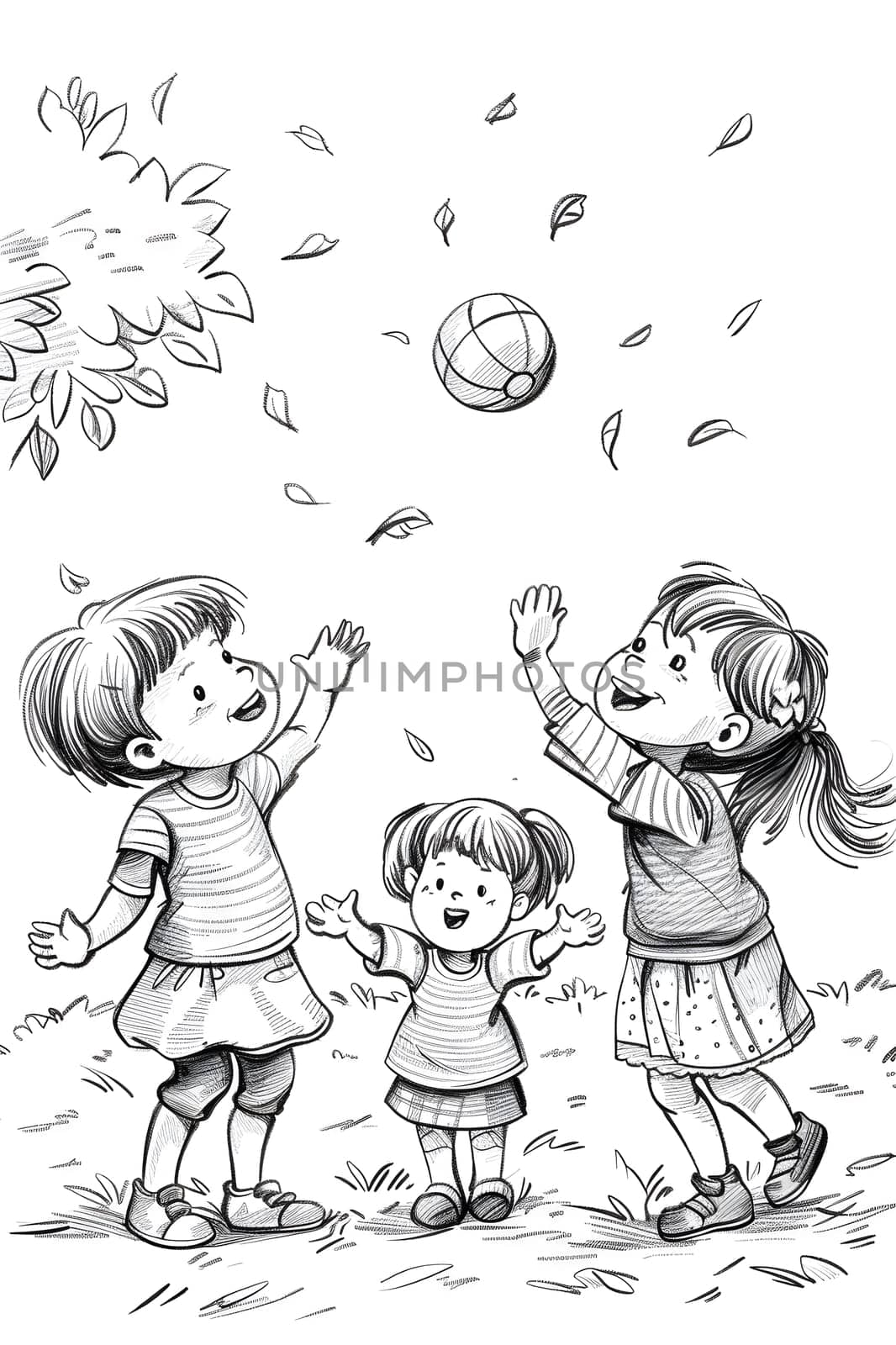 A cartoon black and white drawing of three little girls with different hairstyles playing with a ball, each wearing different footwear and showing joyful facial expressions