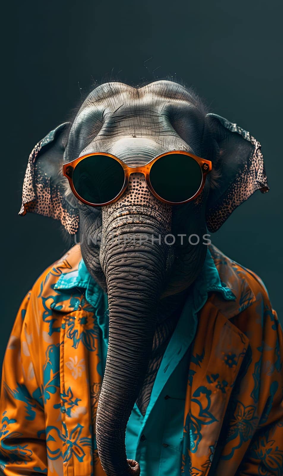 An elephant in sunglasses and a jacket looking stylish by Nadtochiy