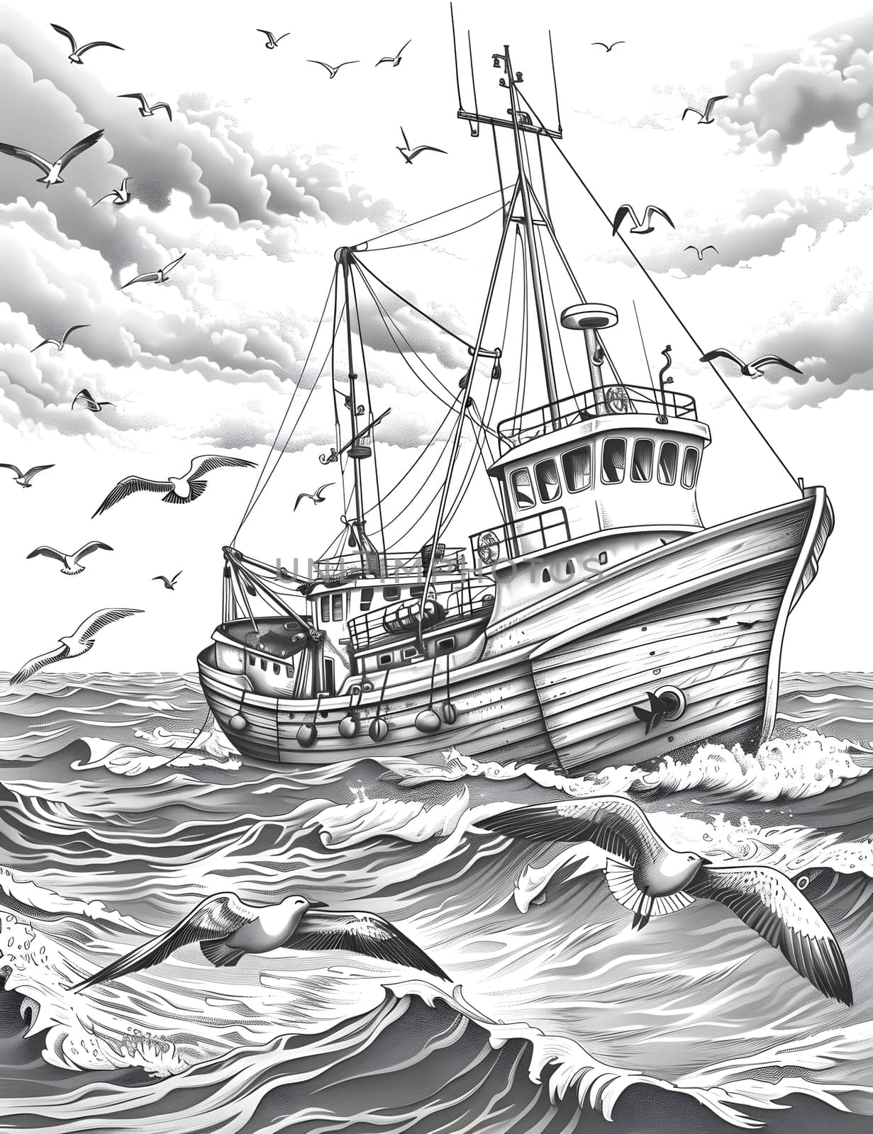 A boat sailing on the ocean with seagulls in a black and white drawing by Nadtochiy