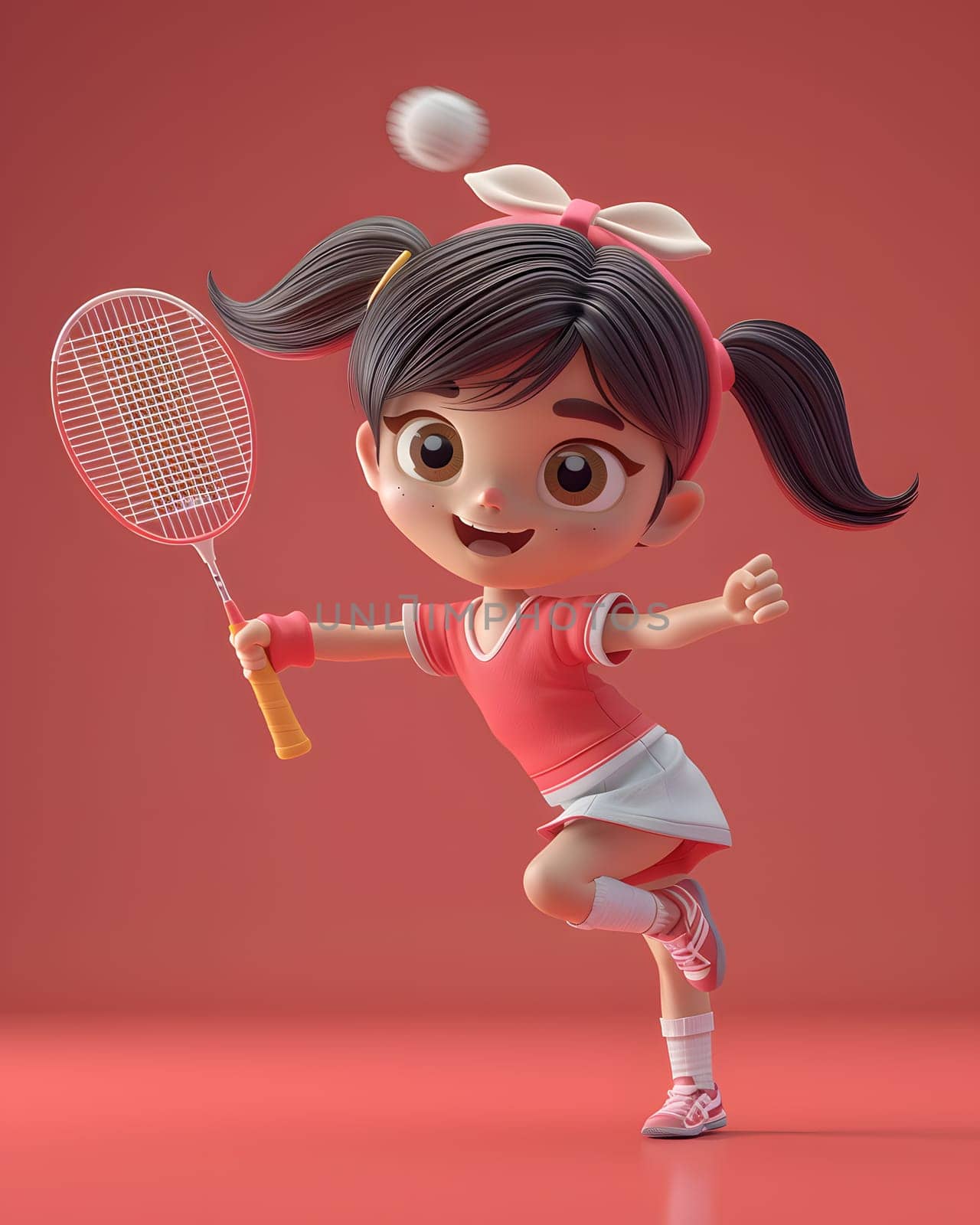 An animated cartoon girl in a Carmine uniform is happily playing badminton with a toy racket, creating a joyful and artistic event