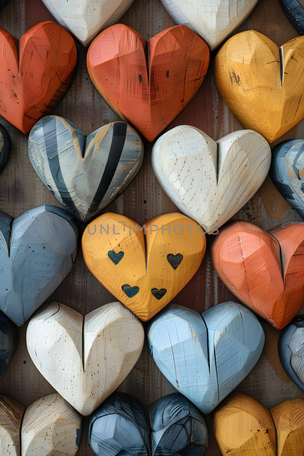 A collection of wooden hearts arranged in a symmetrical pattern on a wooden table. The electric blue accents on the hearts add an artistic touch to this natural art piece