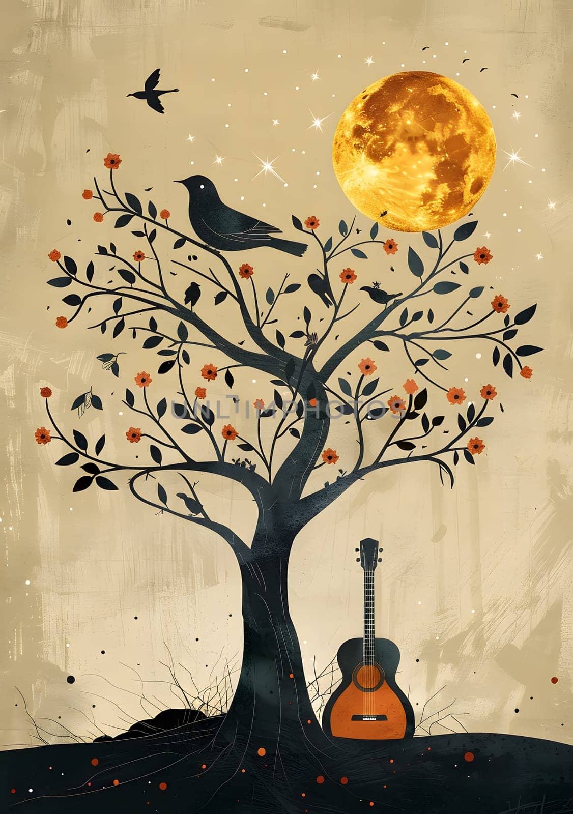 A guitar rests peacefully under a towering tree, silhouetted against the backdrop of a full moon. The scene is reminiscent of a beautiful painting in natures art gallery