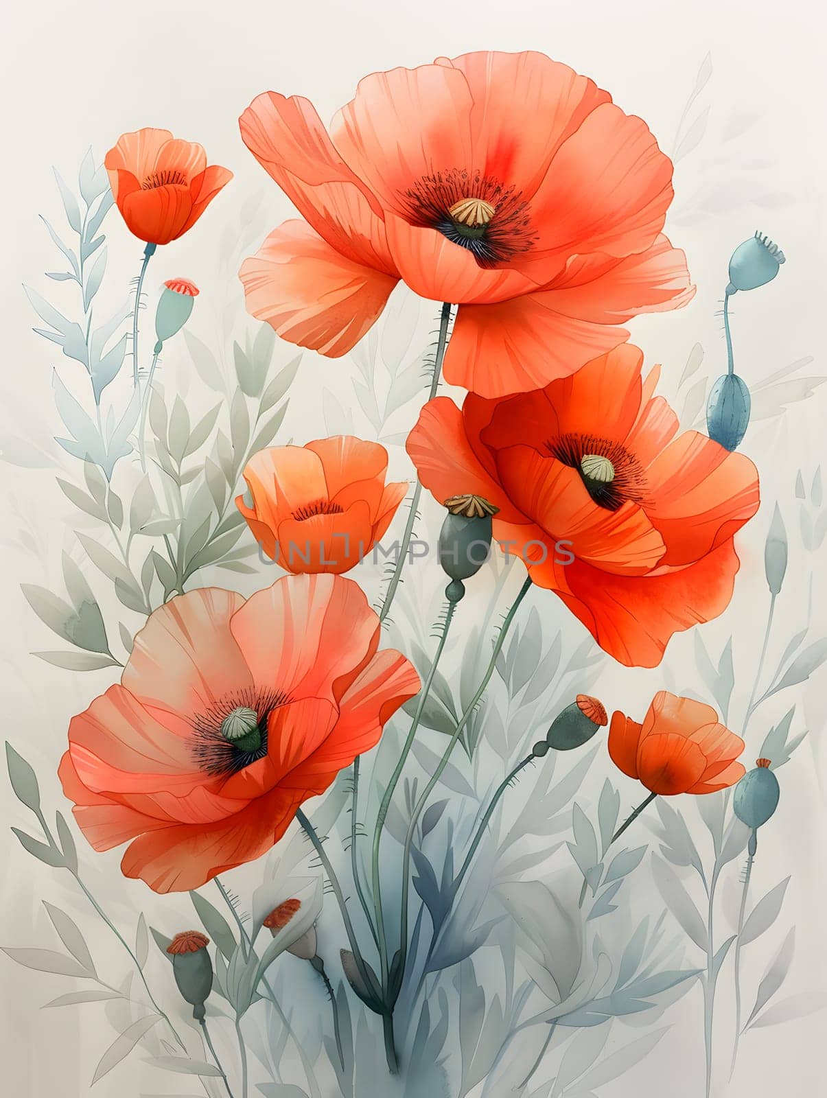 A beautiful painting of red poppies, a flowering plant, with vibrant petals on a white background, showcasing the beauty of nature through art