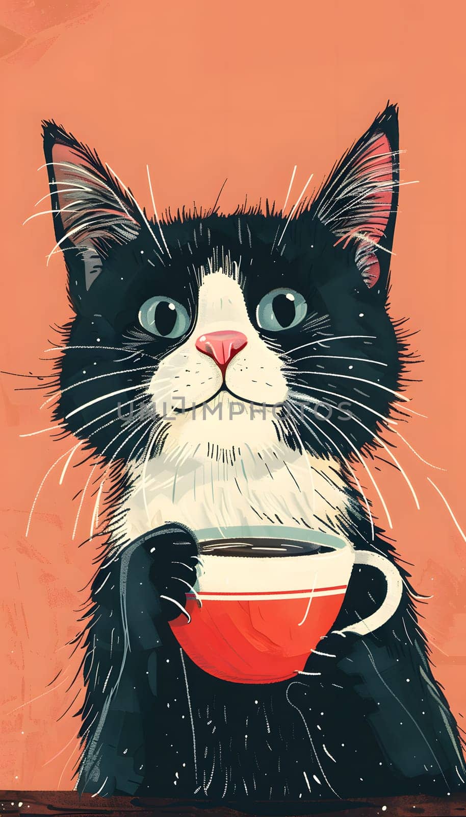 A Felidae, small to mediumsized carnivore cat with whiskers is holding a cup of coffee near a window. The cats gesture is reminiscent of a painting with its snout pointed towards a plant