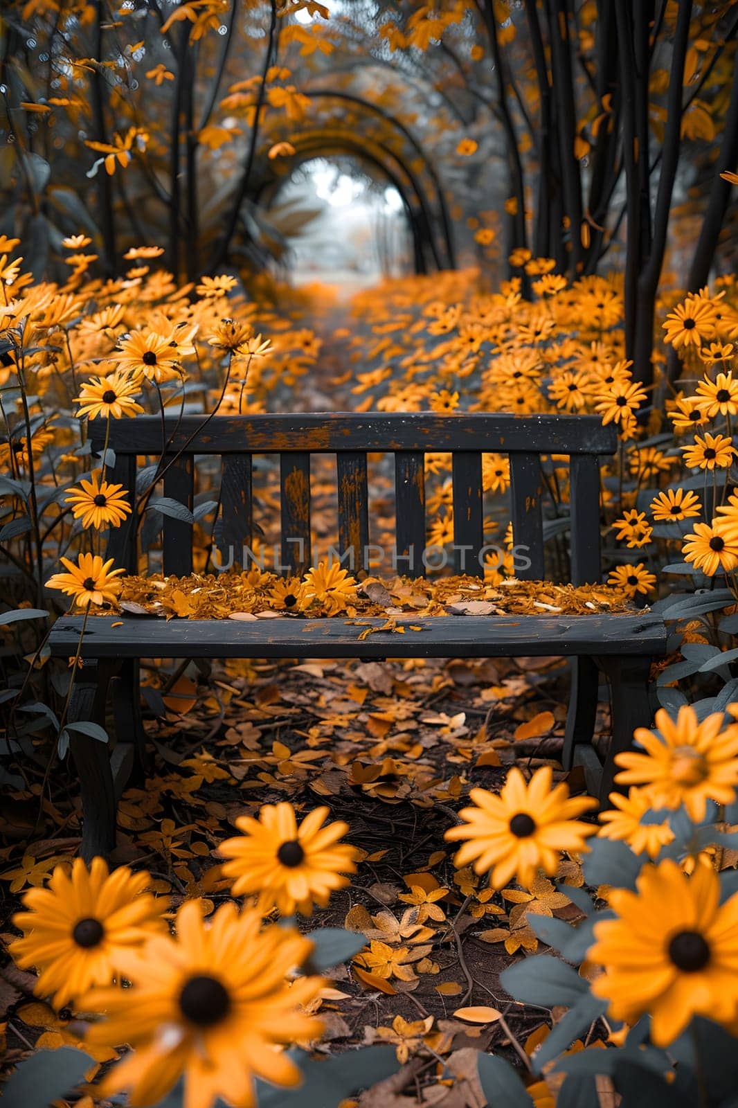 A wooden bench sits amidst a sea of yellow flowers in a sunlit forest, creating a serene natural environment filled with plant life and vibrant petals