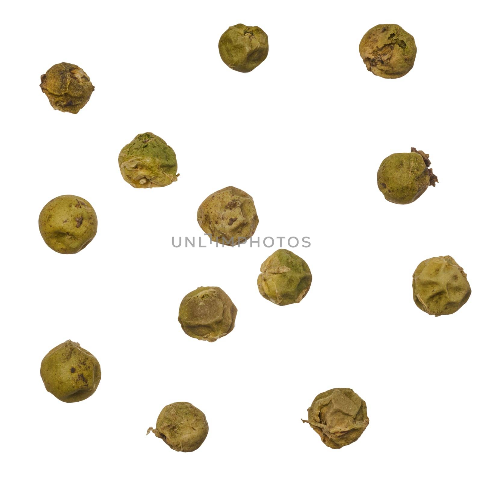 Dry round green peppercorns on isolated background, top view