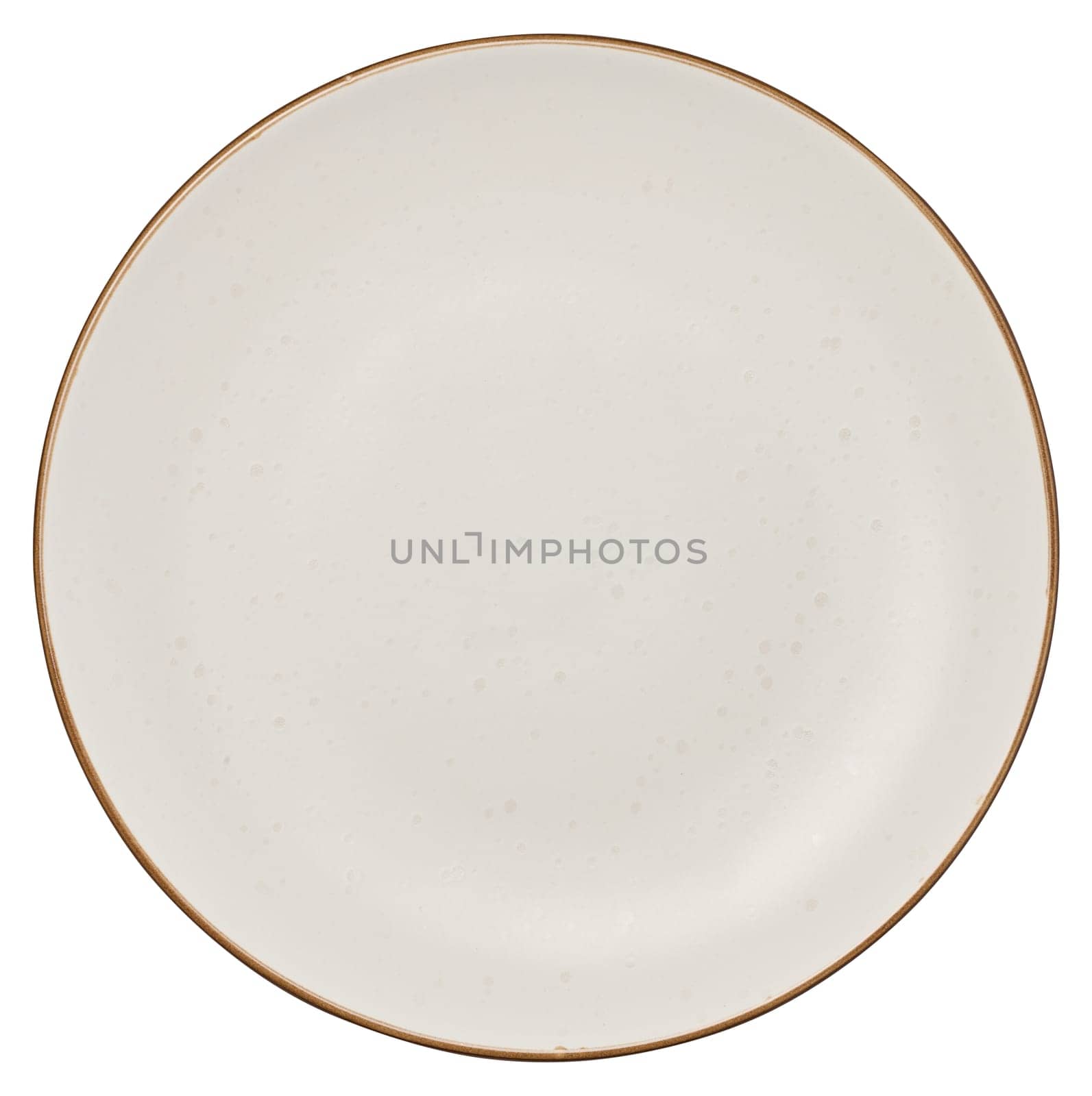 Empty white ceramic plate with brown edge on isolated background, top view