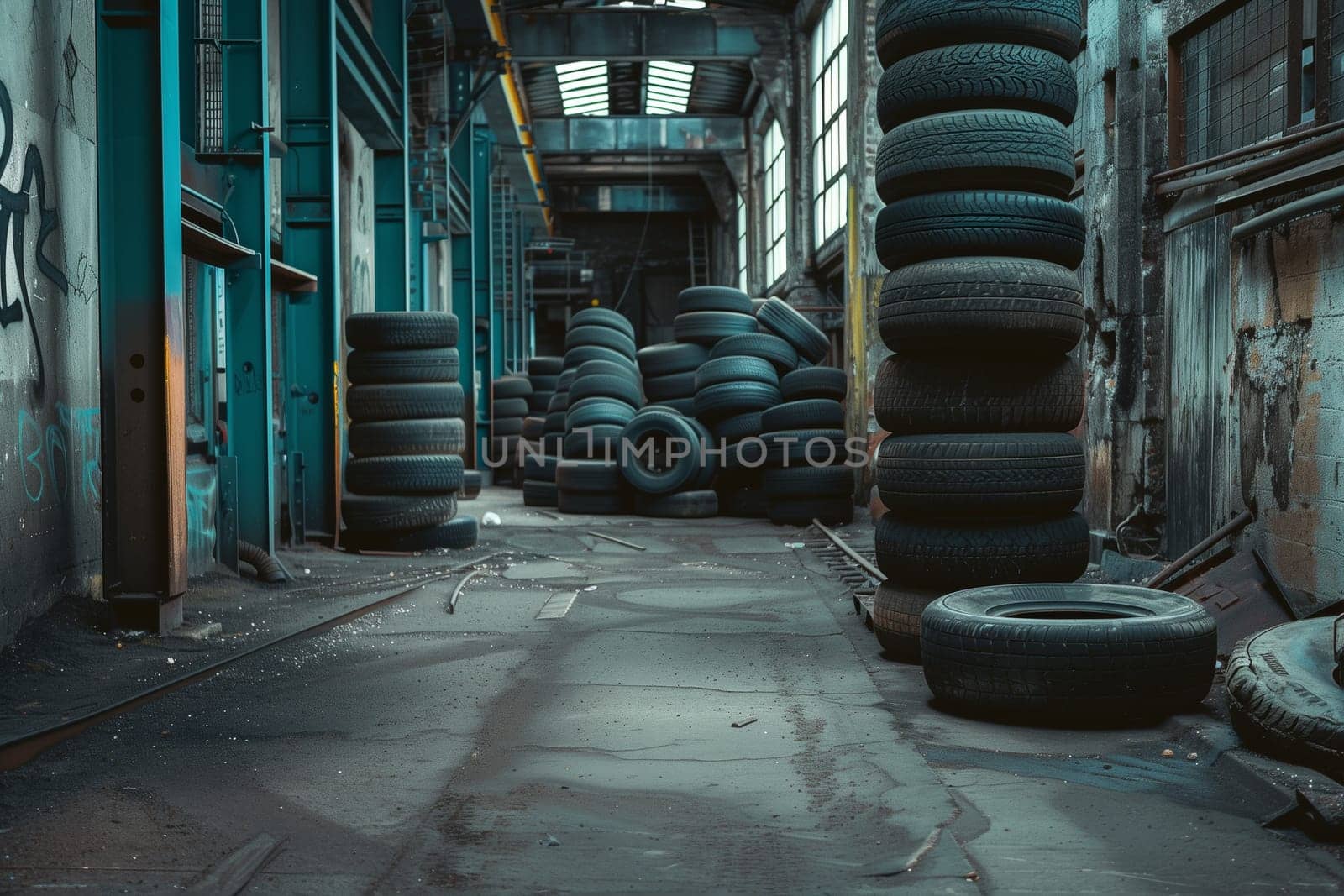 A warehouse storing a large quantity of car tires neatly arranged next to a wall, showcasing a vast inventory of automotive products.