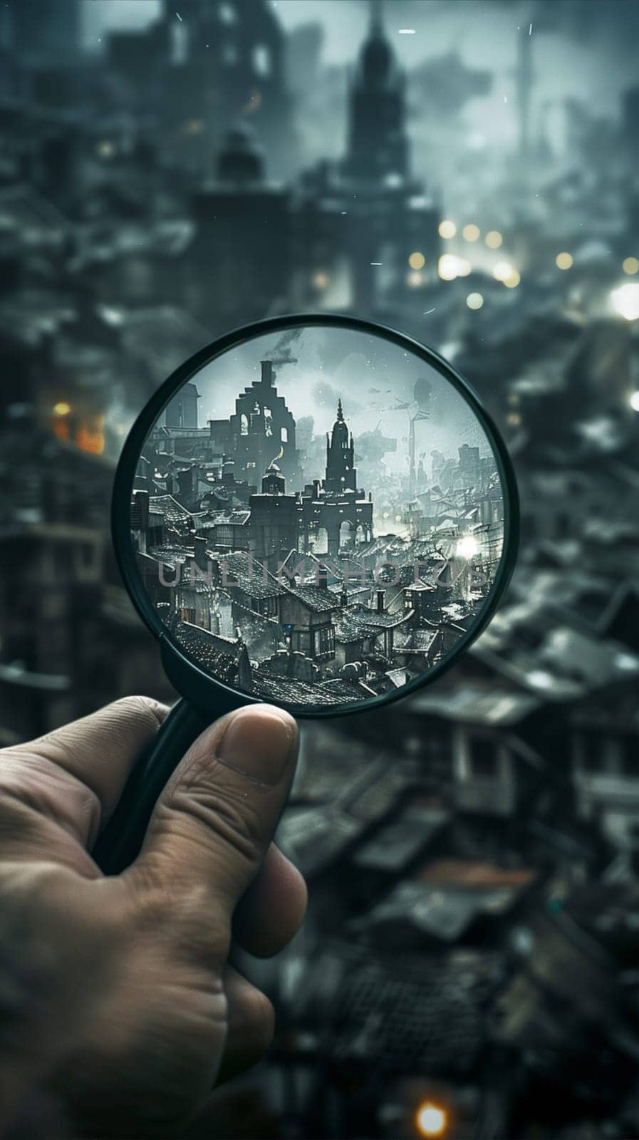 A hand holds a magnifying glass over a city, focusing on details and landmarks. The magnifying glass provides a closer look at the urban landscape below.