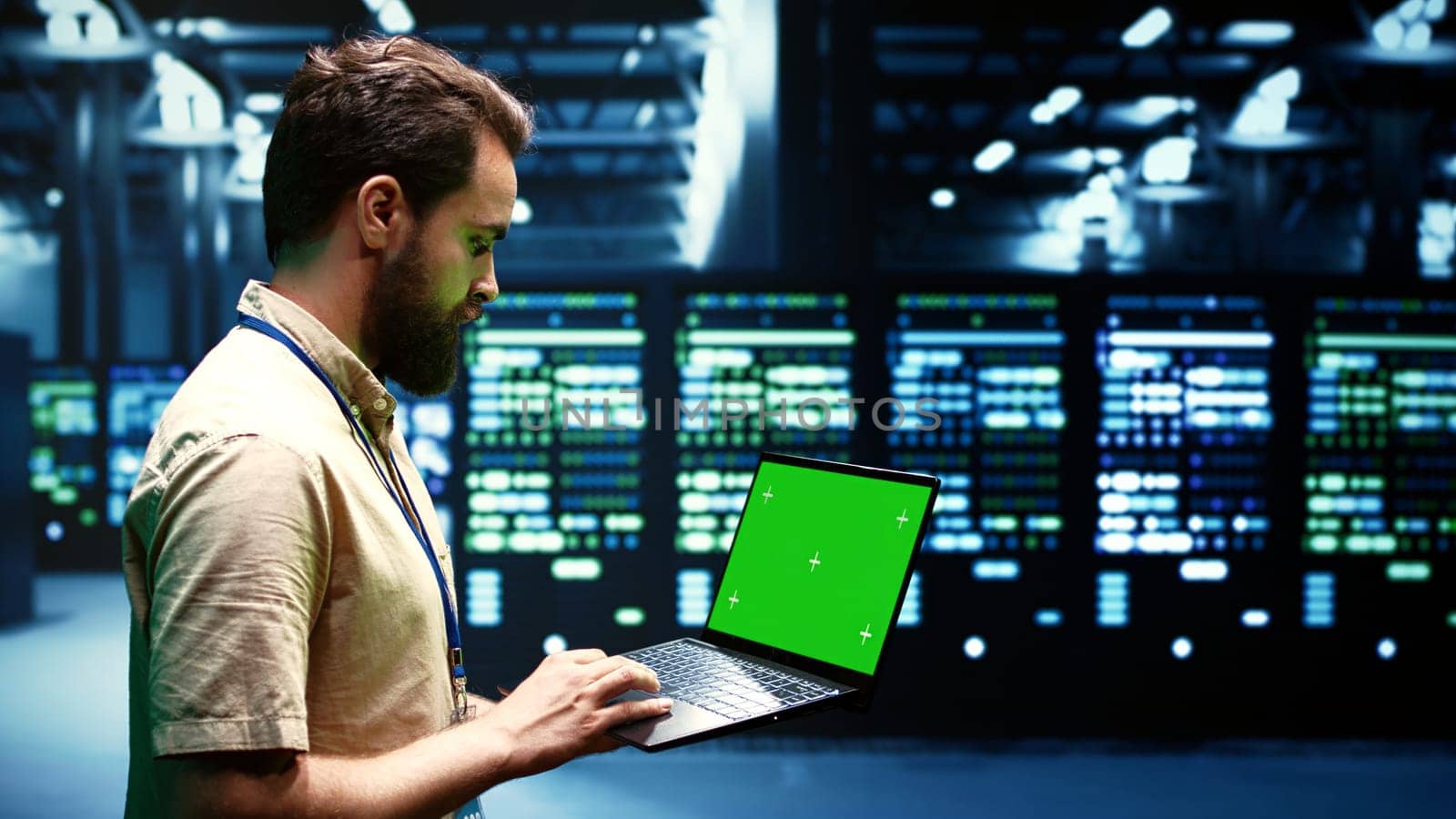 Expert using chroma key laptop to check server hub configuration settings, close up. Mechanic checking event logs in monitoring software to find broken data center components root cause