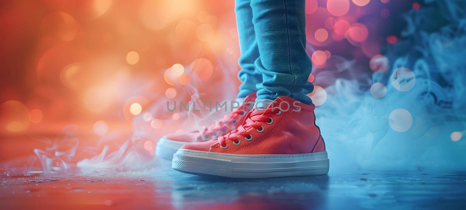 a person wearing red sneakers is standing on a stage with smoke coming out of their shoes by Nadtochiy