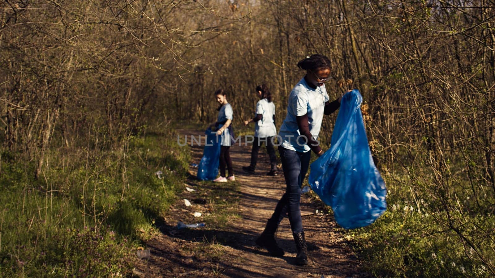 Group of diverse activists picking up the trash and plastic waste, collecting and recycling rubbish in the woods. People doing voluntary work to clean the natural habitat. Camera B.
