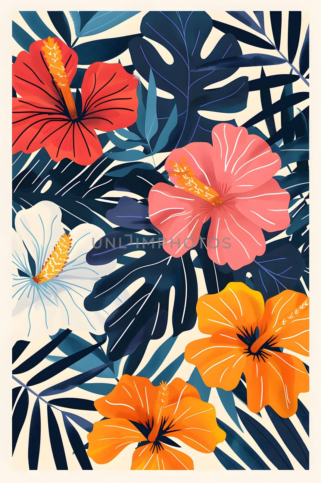 Creative arts meet botany in this vibrant poster featuring tropical flowers and plant leaves. The orange petals pop against the white rectangle background, making it a beautiful piece of textile art