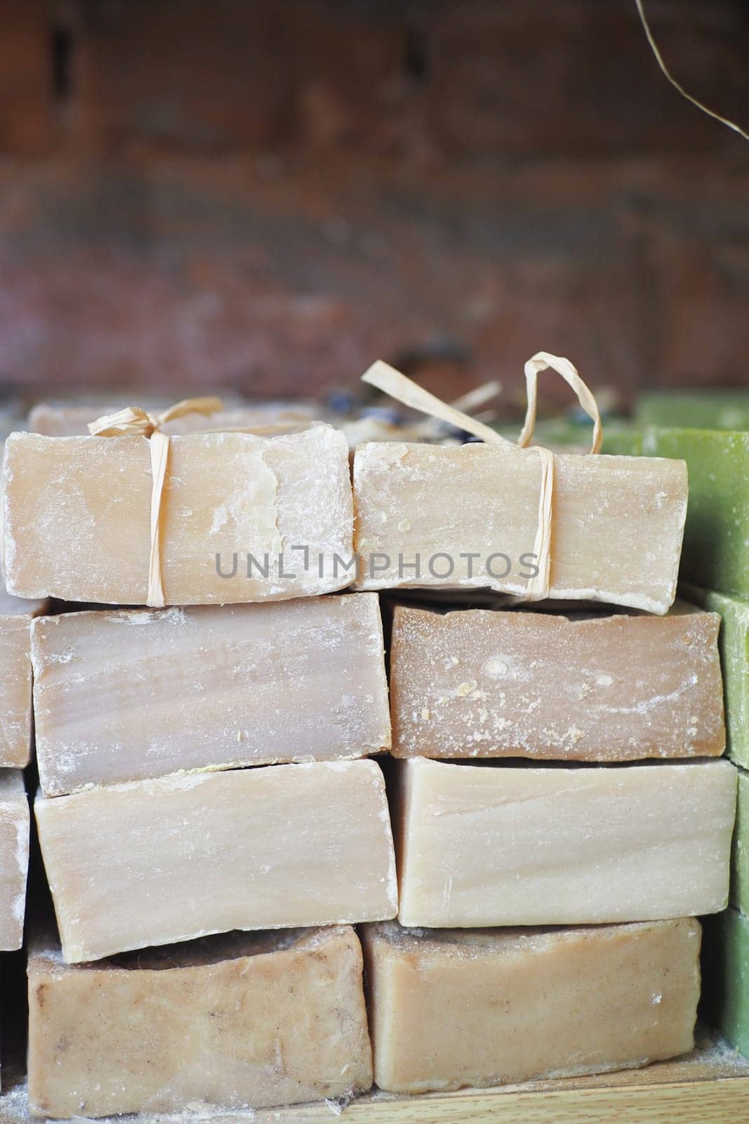 natural soap bar on table .
