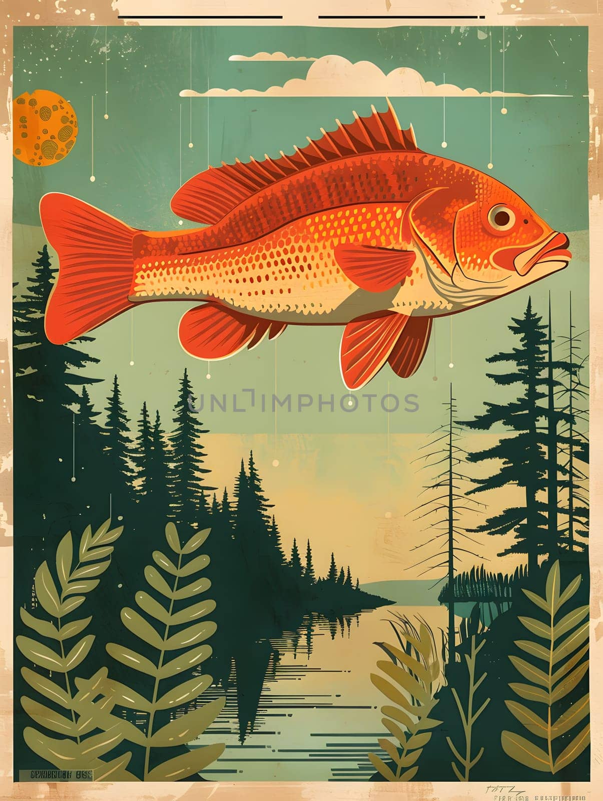 A beautiful goldfish gracefully moves through the water, showcasing its colorful fin and tail in front of a backdrop of trees. A perfect scene for marine biology art enthusiasts