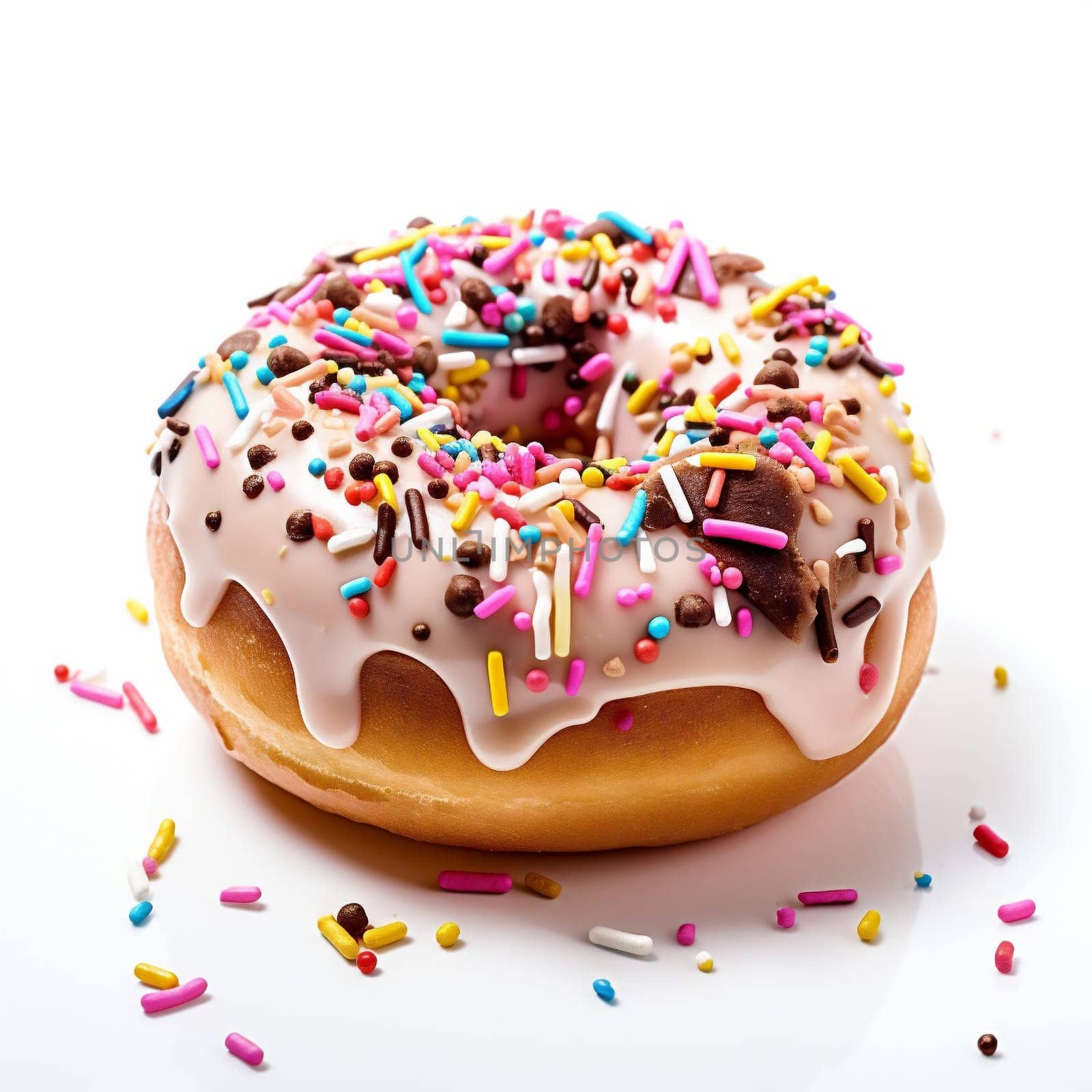 Sweet Vanilla Donut on White Background. White Donut Decorated with Colorful Sprinkles Isolated on White Background.