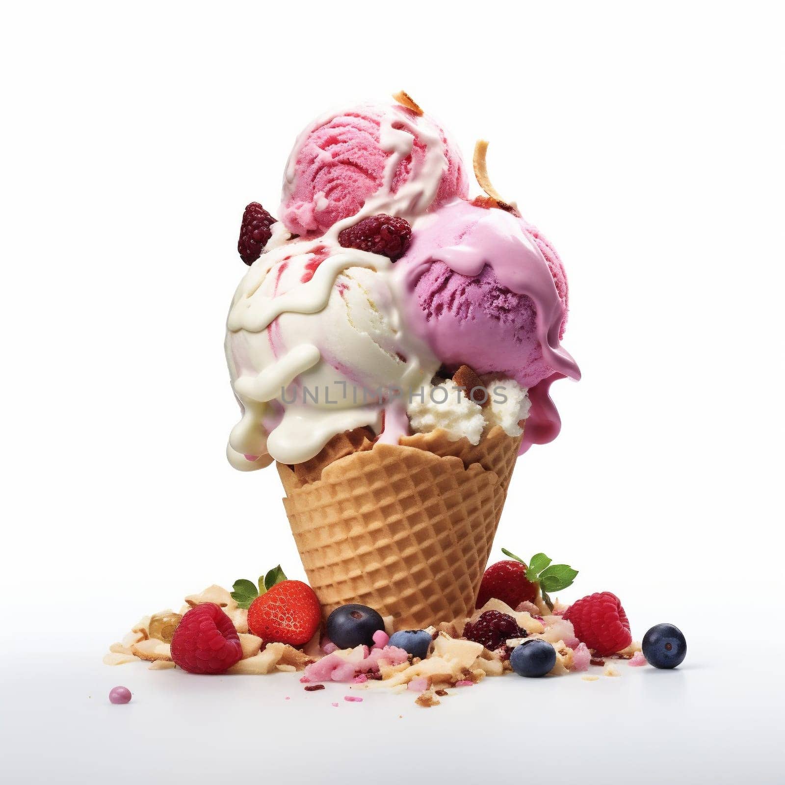 Ice Cream Cone Vanilla and Strawberry Flavors Isolated on White Background. by Rina_Dozornaya