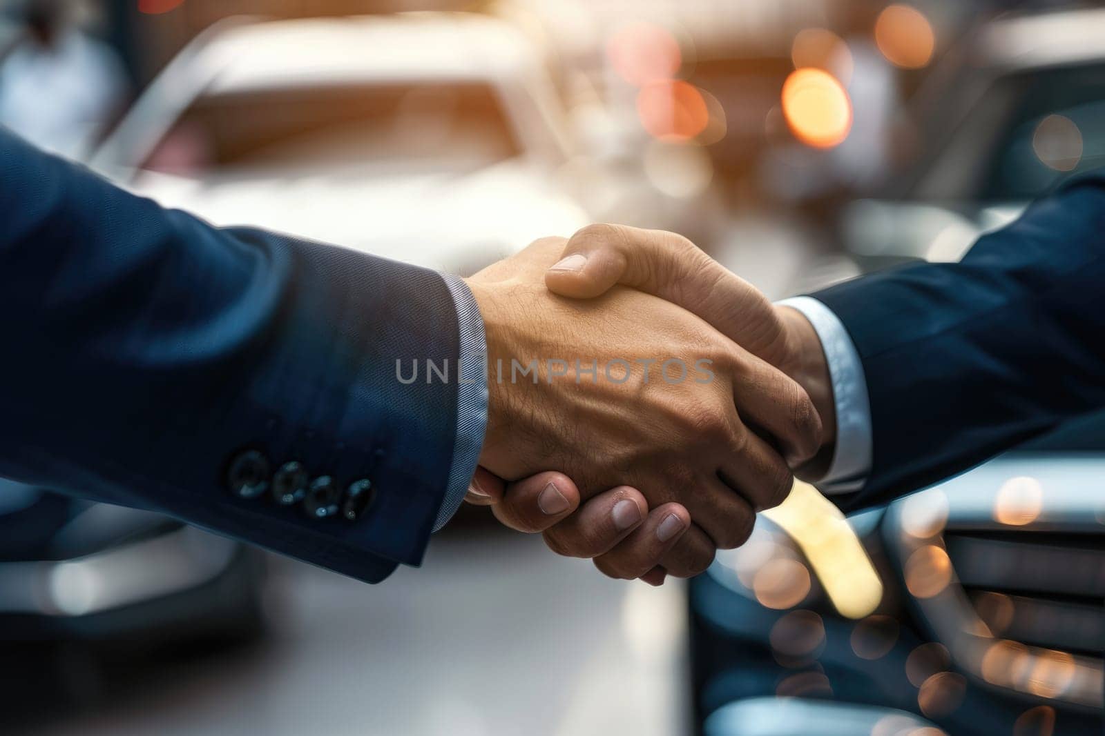 Close up of a professional handshake at a car dealership with cars in background by nijieimu