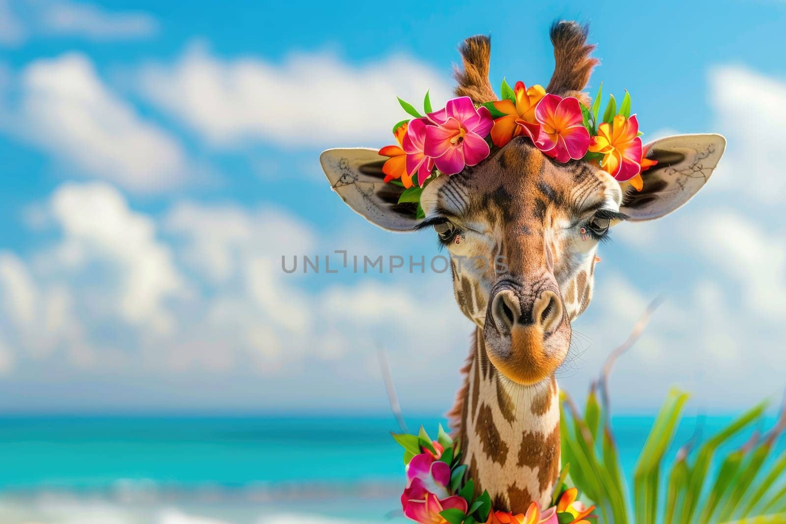 Summer background, Giraffe with hawaiian costume tropical palm and beach background by nijieimu