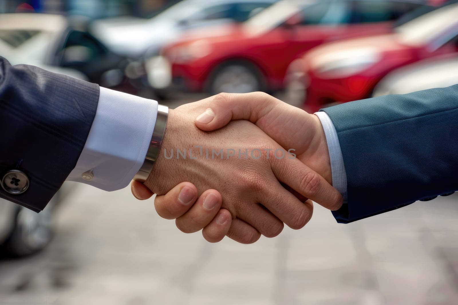 Close up of a professional handshake at a car dealership with cars in background.