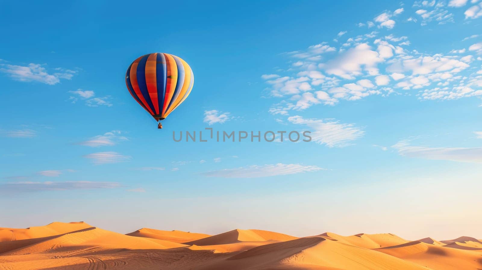 Hot air balloon floating over desert in sahara with copy space area. by Chawagen