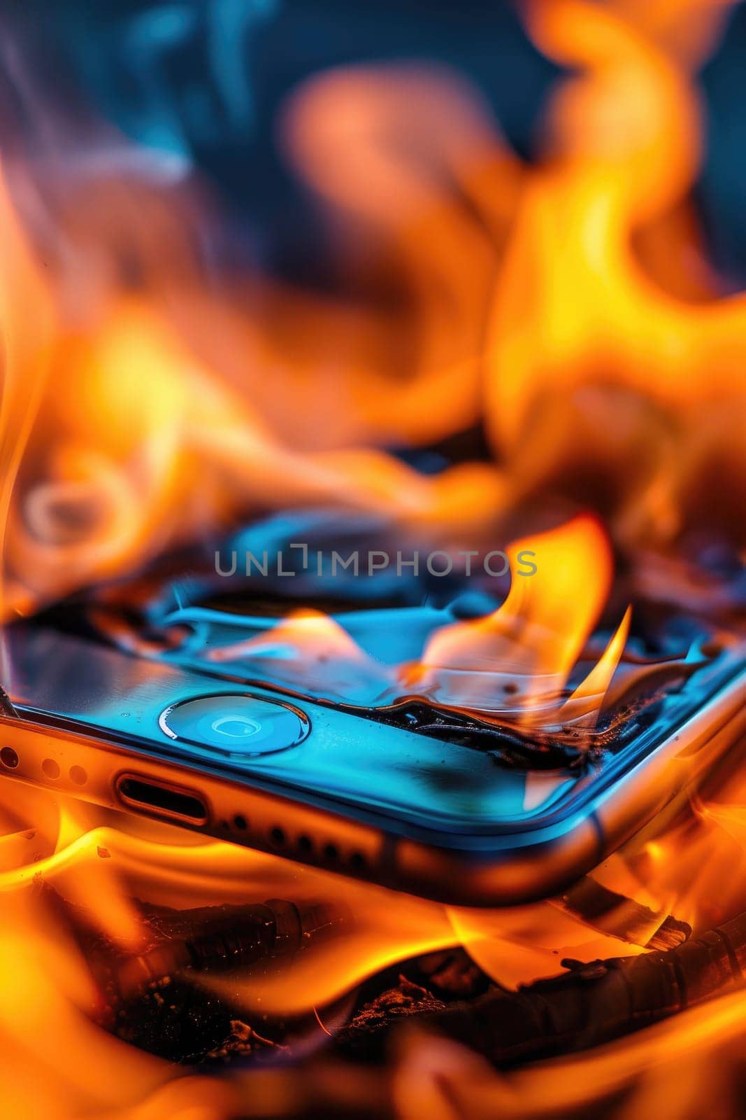 a close up of a smart phone in the form of an burn on fire. by Chawagen