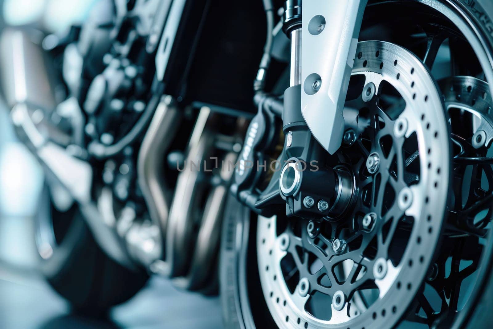 A low-angle close-up photo of a superbike's inverted front forks and powerful braking system. by Chawagen