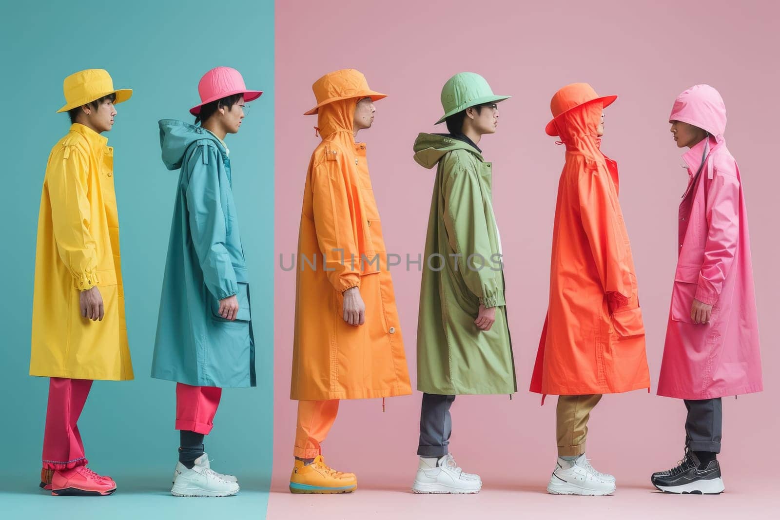 Men wearing modern rainy season fashion clothes On a minimalist background, shapes are colorful