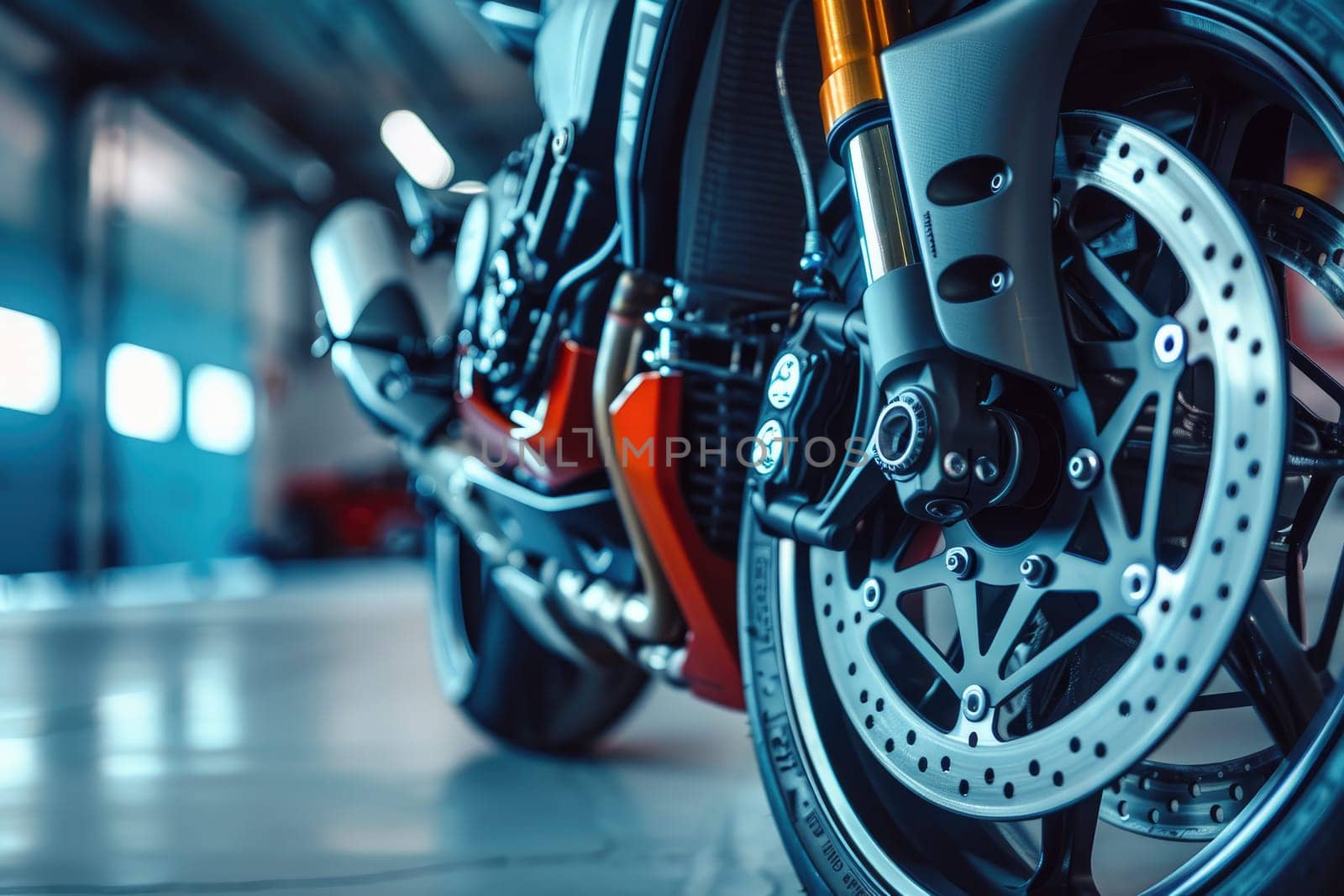 A low-angle close-up photo of a superbike's inverted front forks and powerful braking system. by Chawagen
