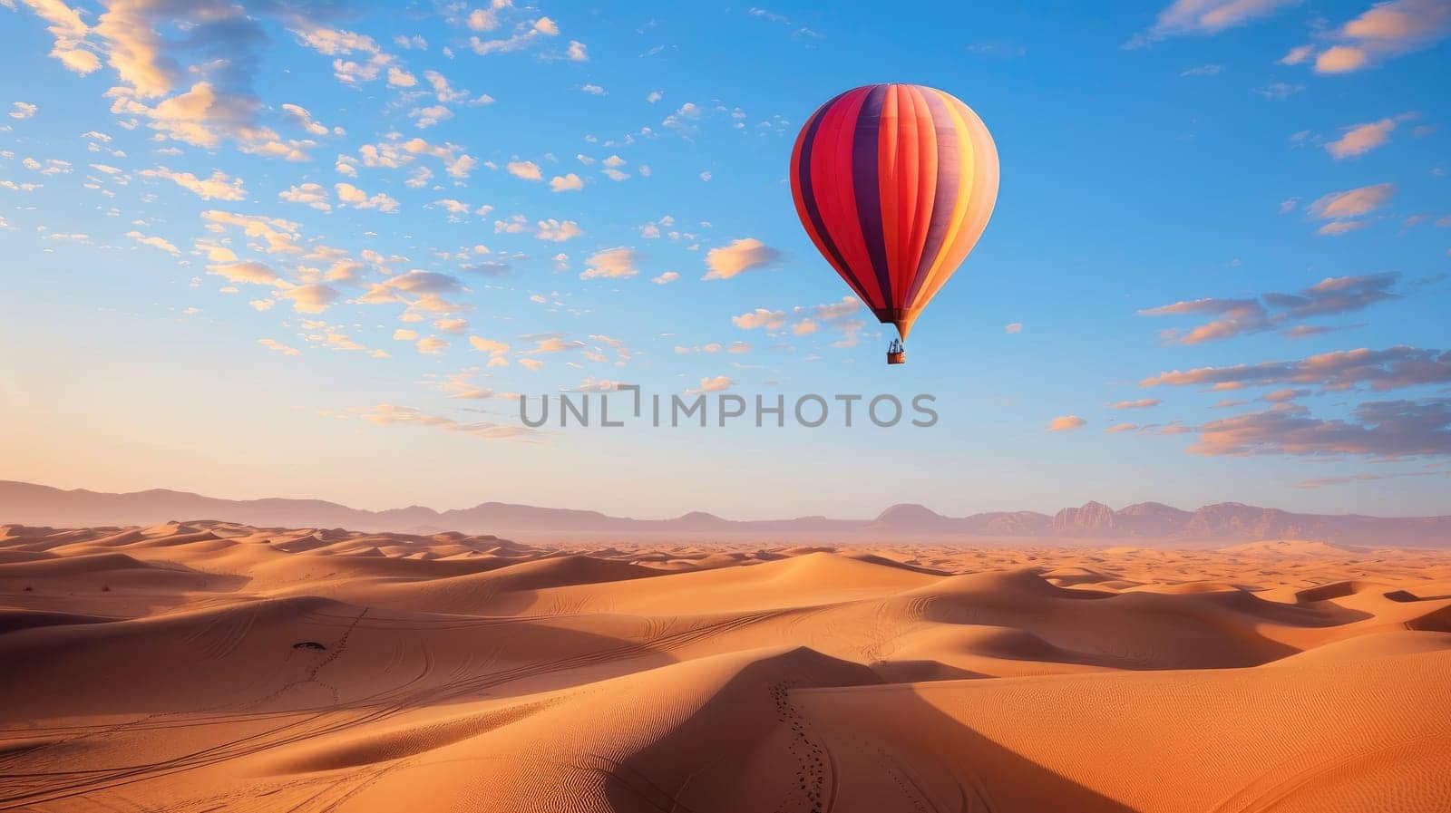 Hot air balloon floating over desert in sahara with copy space area. by Chawagen