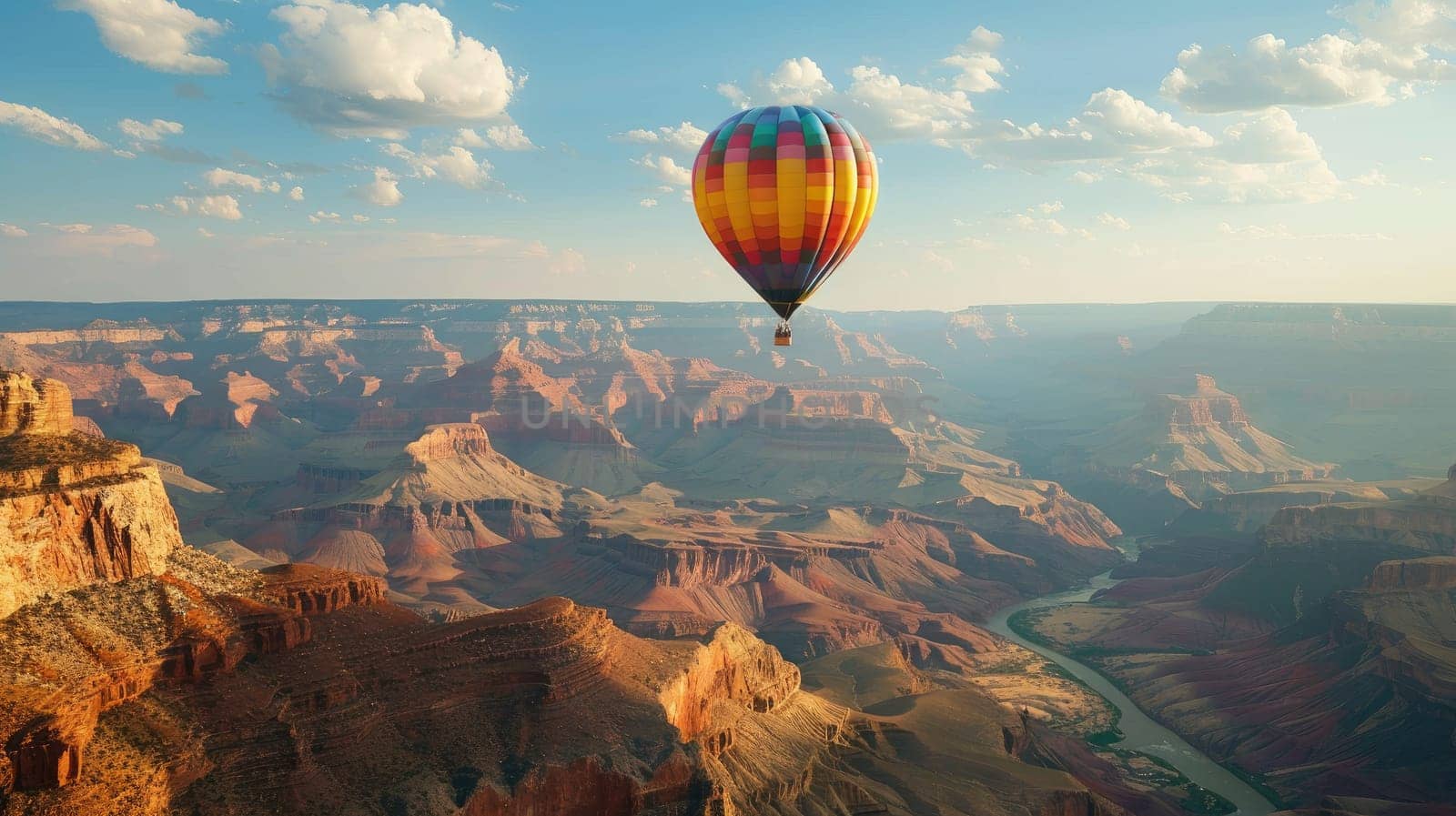 Hot air balloon floating over Grand Canyon with copy space area