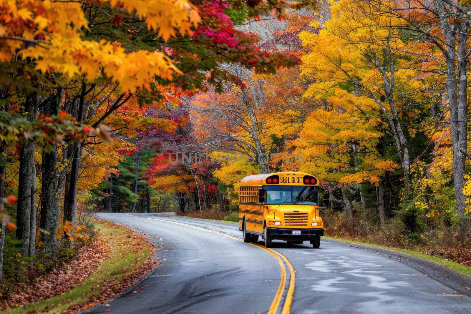 Bright yellow school bus drives along a scenic country road with vibrant fall foliage lining the way
