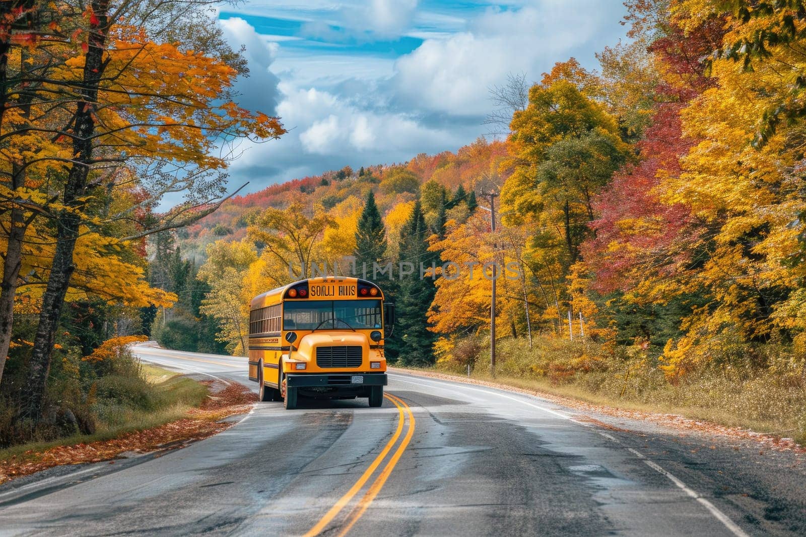 Bright yellow school bus drives along a scenic countryroad with vibrant fall foliage lining the way. by Chawagen