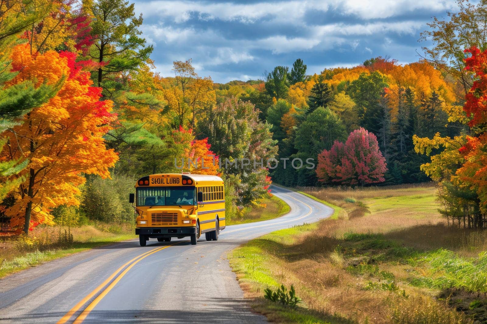 Bright yellow school bus drives along a scenic country road with vibrant fall foliage lining the way