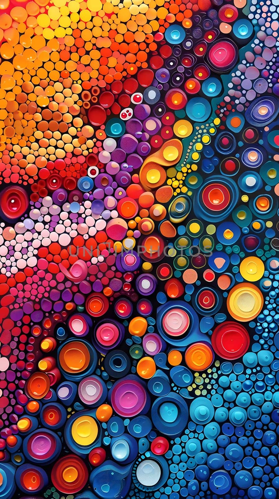 A closeup of a vibrant painting with circles and dots showcasing colorfulness, natureinspired art, intricate patterns, electric blue hues, symmetry, and captivating design