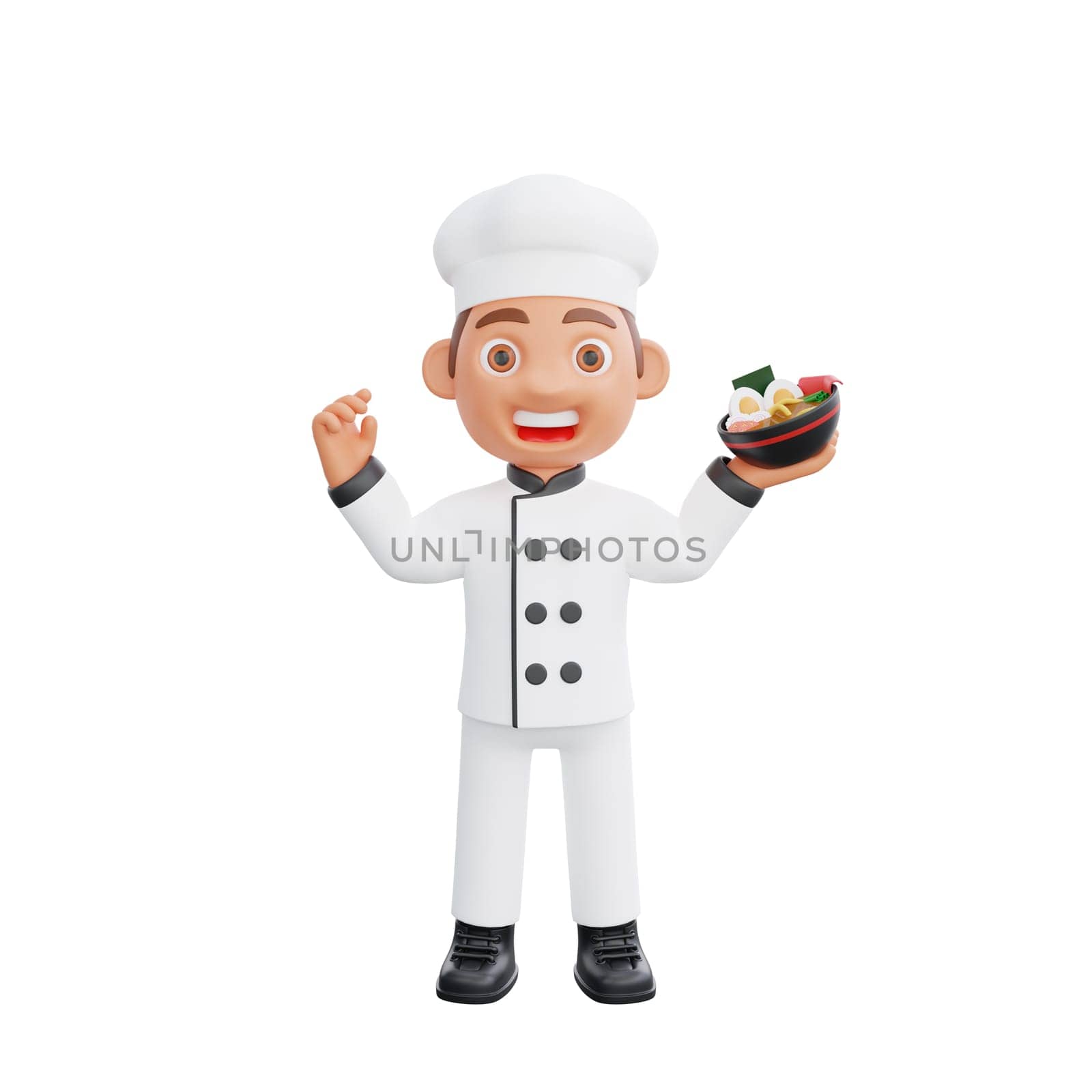 3d illustration of a chef cartoon character design. The chef is performing various activities in the kitchen