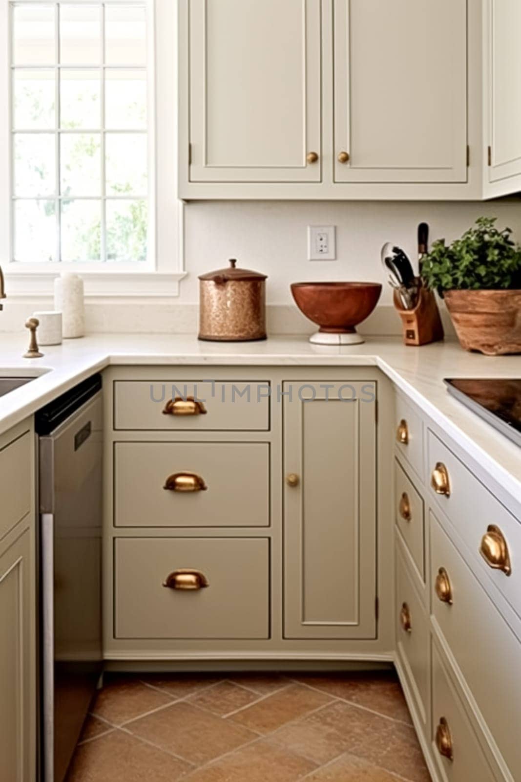 Cream white cottage kitchen decor, interior design and house improvement, English in frame kitchen cabinets in a countryside house, elegant country style motif