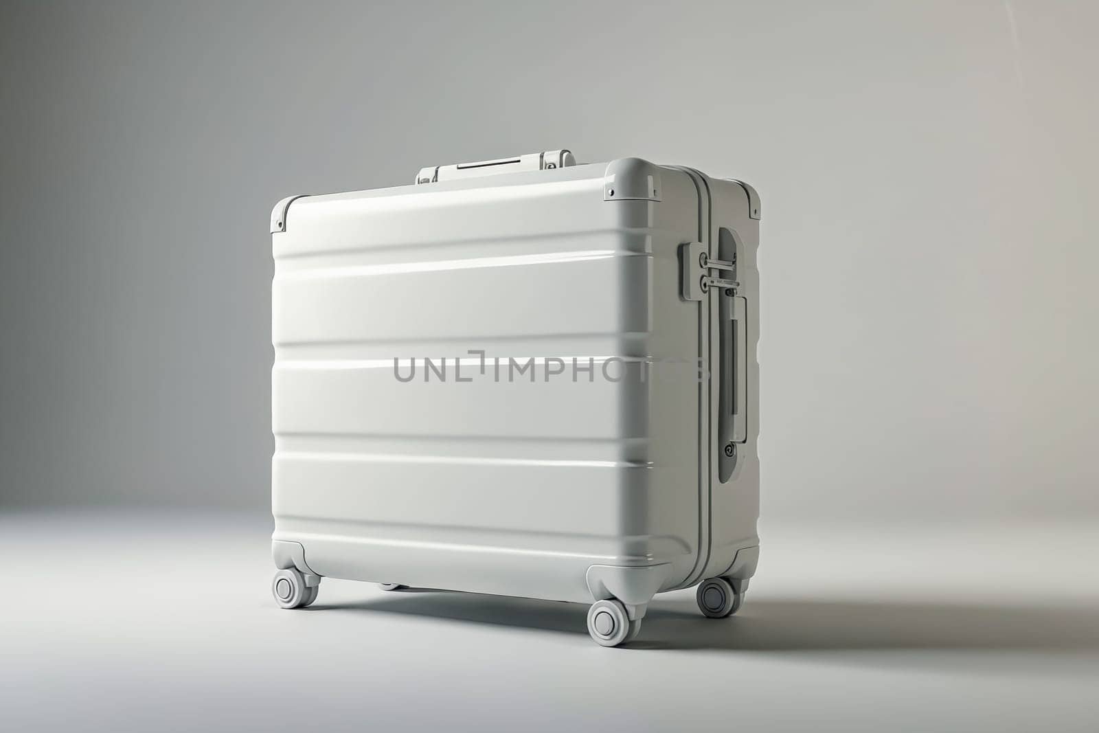 A white suitcase with wheels sits on a white background. The suitcase is rectangular and has a silver handle. Generative AI