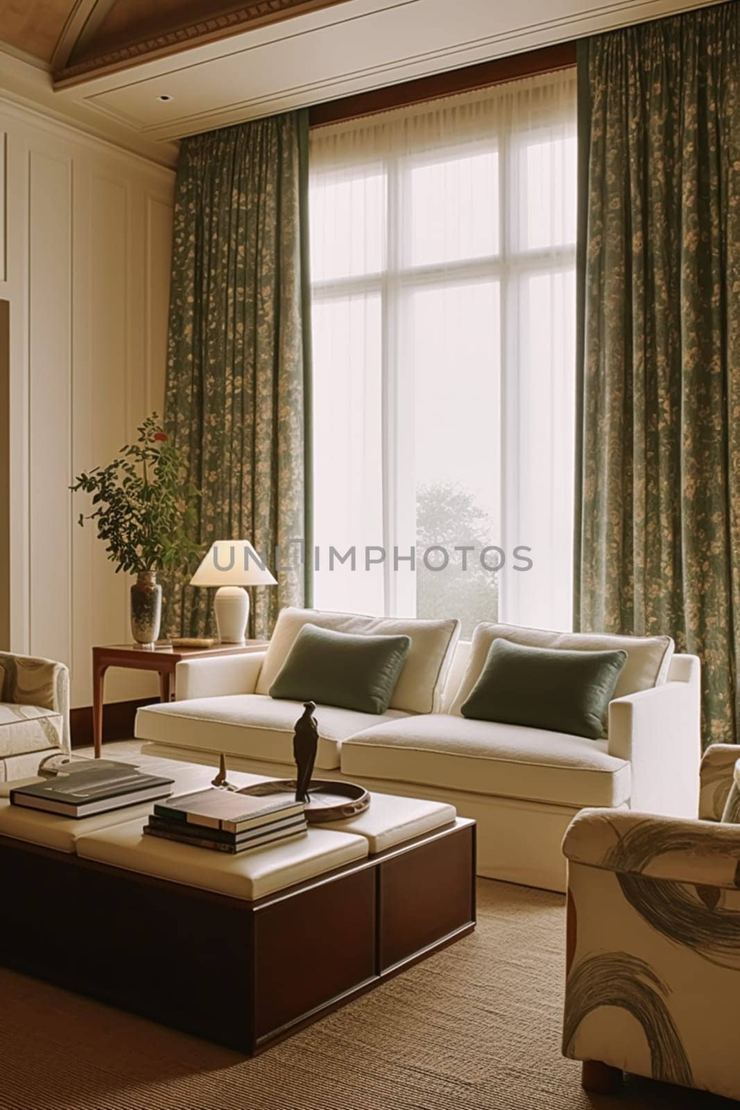 Elegant modern white lounge room decor, interior design and house improvement, living room furniture, sofa and home decor, country cottage style, post-processed, generative ai
